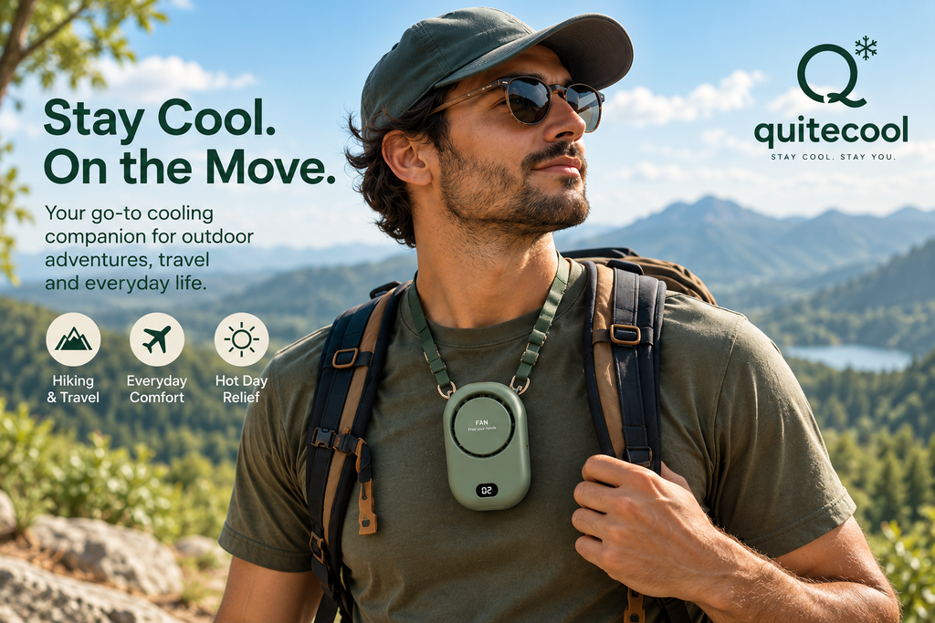 Stay Cool On the Move - Hiker wearing Quitecool neck fan outdoors