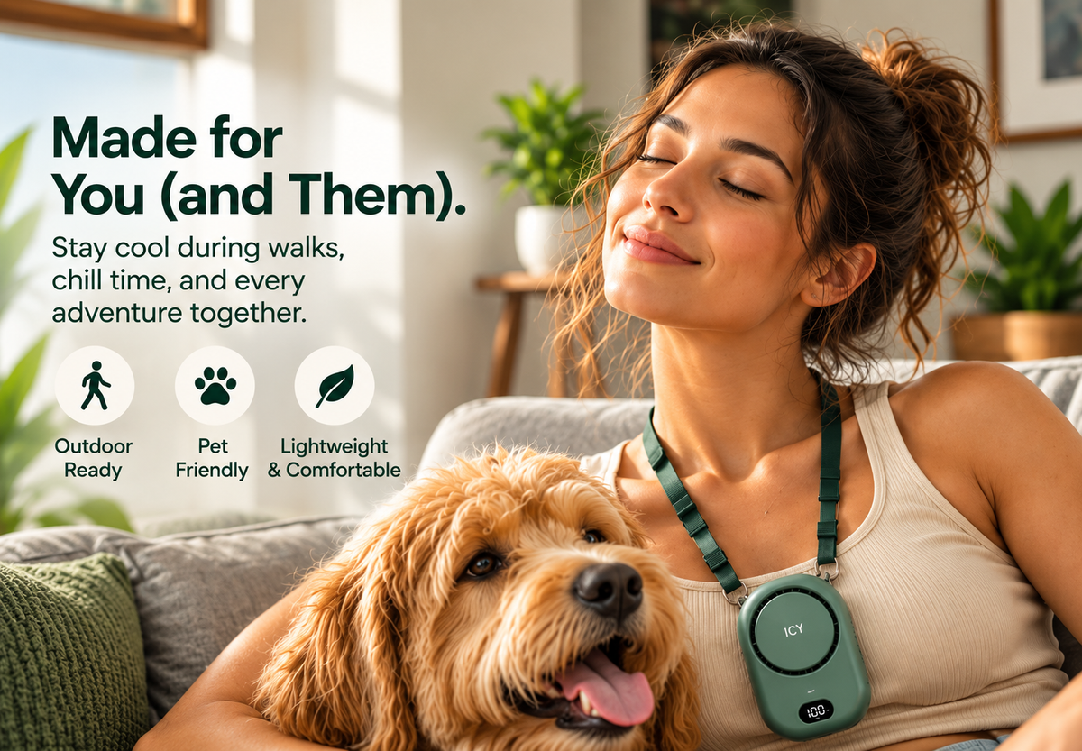 Made for You and Them - Woman and dog relaxing with Quitecool neck fan