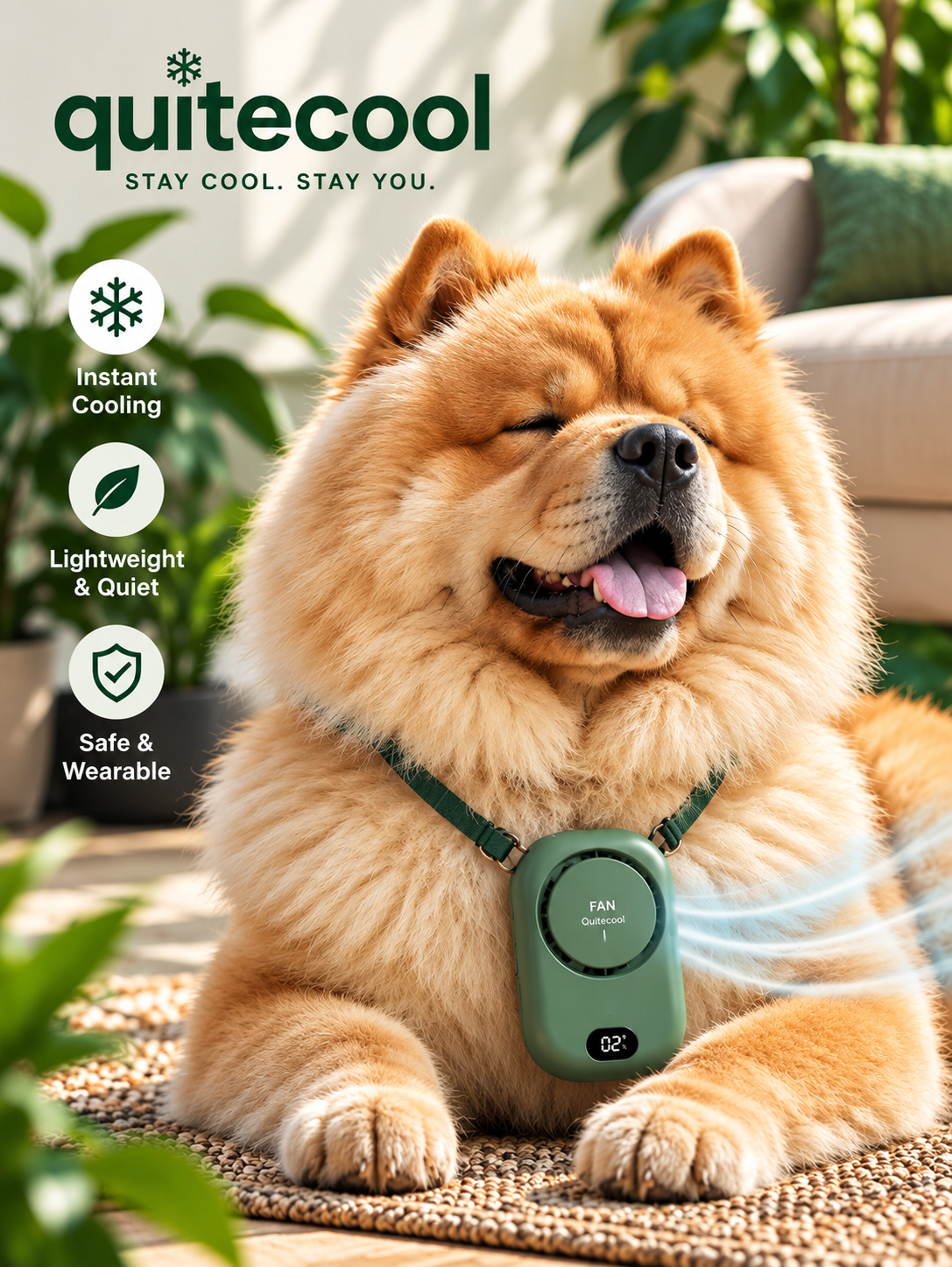 Quitecool neck fan worn by Chow Chow dog - Instant Cooling Lightweight and Safe