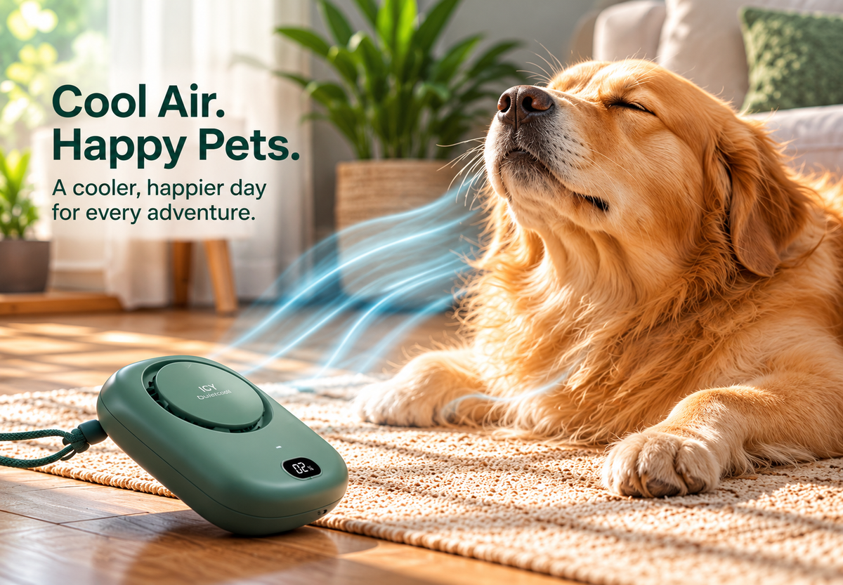 Cool Air Happy Pets - Golden Retriever enjoying Quitecool neck fan